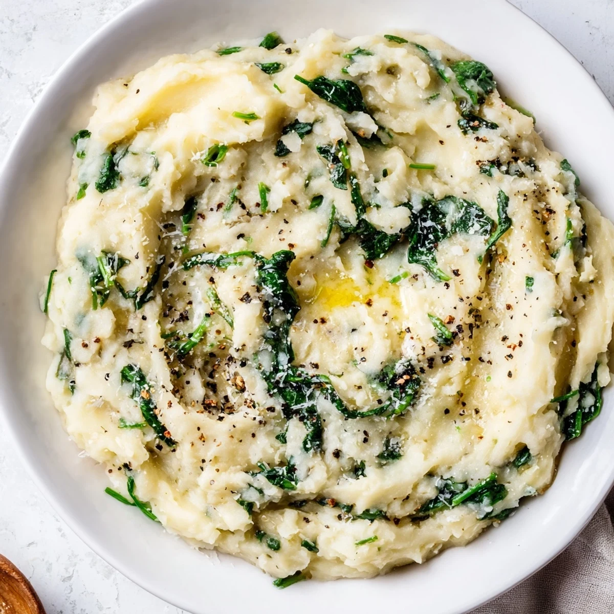 Creamy spinach and Parmesan mashed potatoes: a rich, comforting side, showing a fluffy, speckled potato mash.