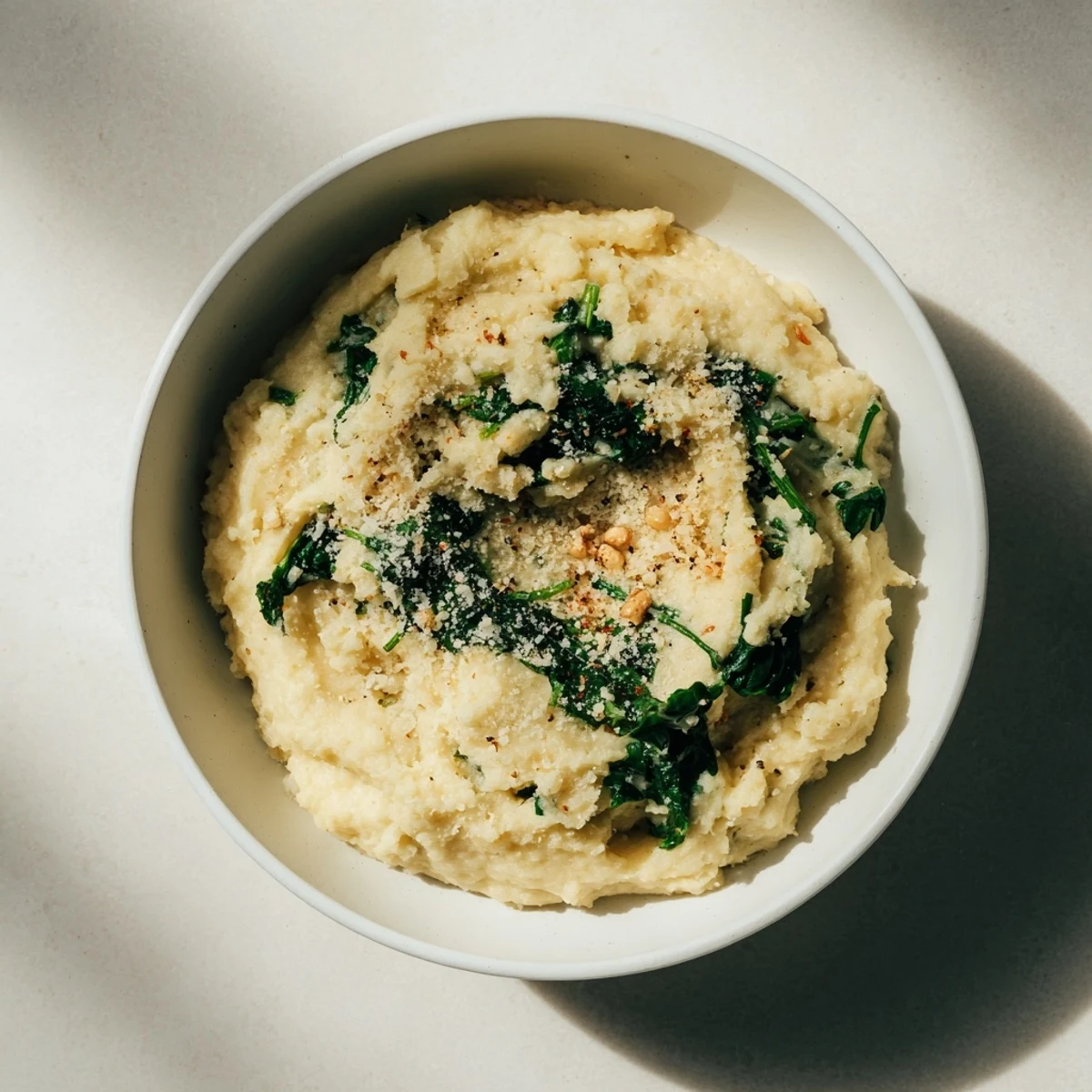 Golden, steaming Creamy Spinach and Parmesan mashed potatoes, an easy vegetarian side dish, looks super luxurious.