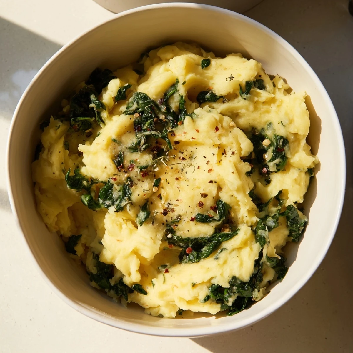 Fluffy Creamy Spinach and Parmesan mashed potatoes, served with grated cheese, offer a delicious, garlicky aroma.