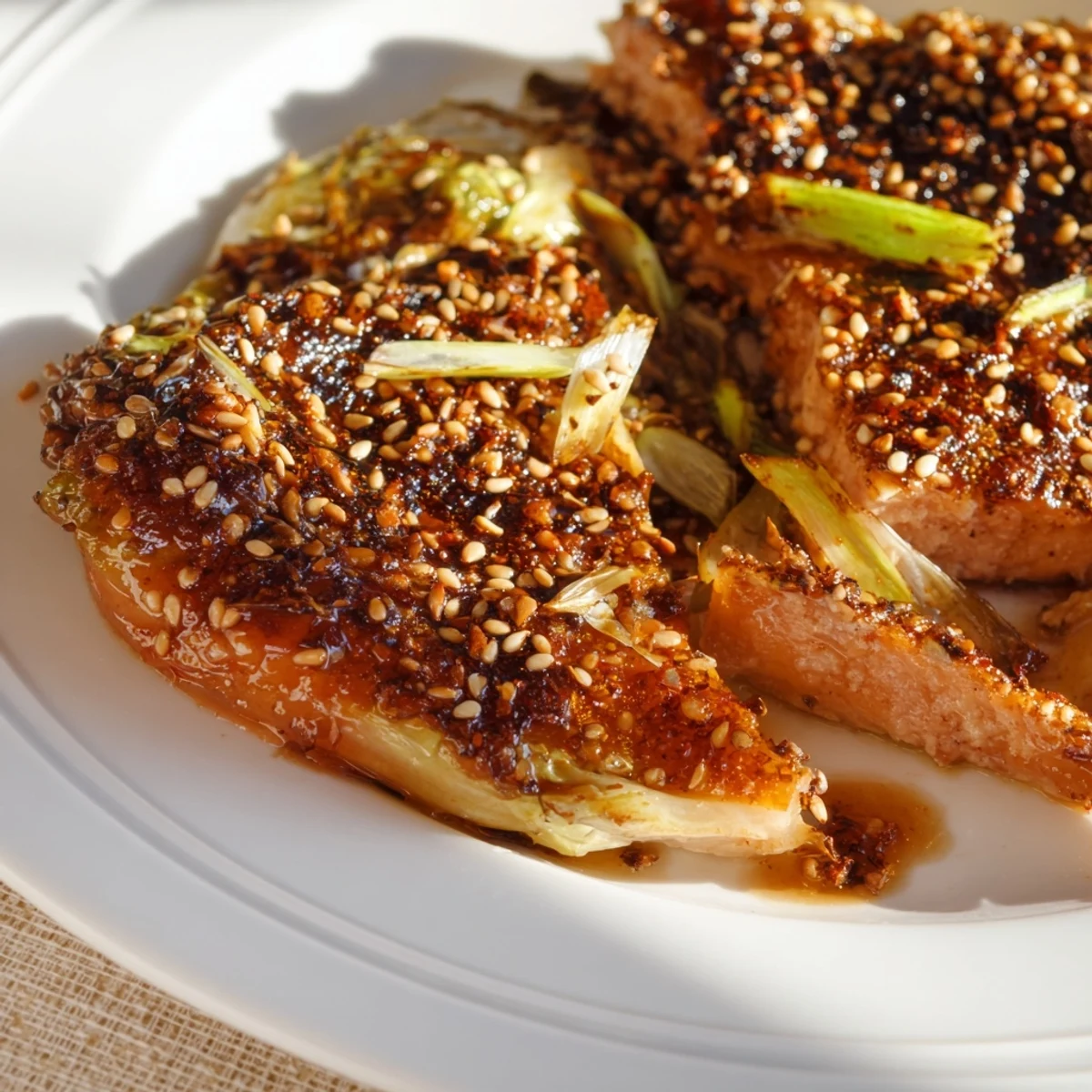 Close-up of caramelized Crispy Honey-Soy Glazed Brussels Sprouts, showcasing texture and savory sauce.