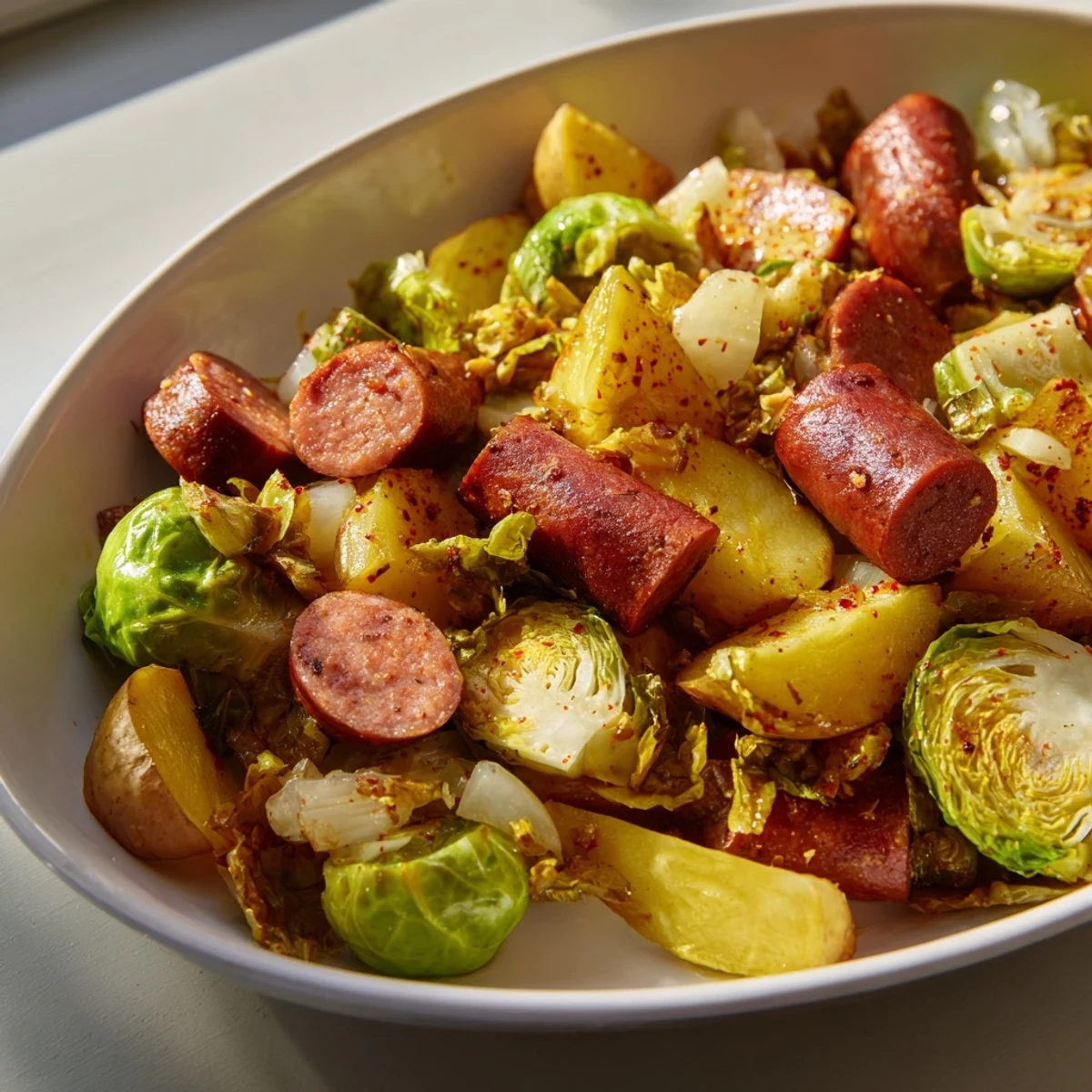 Savory All-in-One Pan Sausage and Cabbage Bake, with golden roasted potatoes and perfectly cooked sausage.