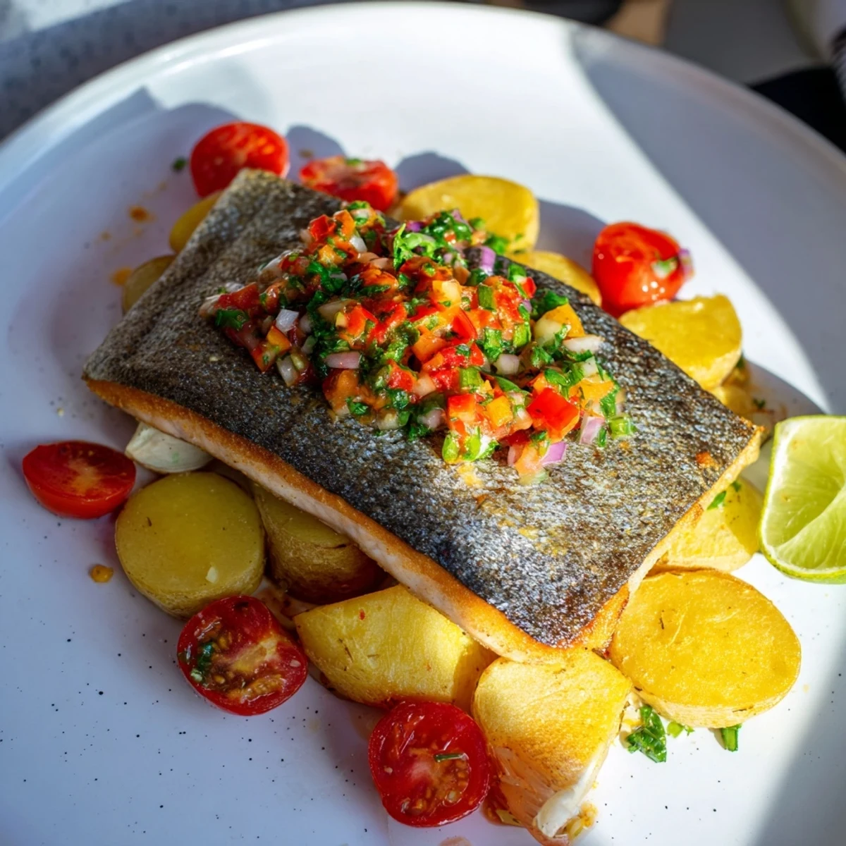 Flaky, tender One-Tray Baked Trout glistens, surrounded by colorful roasted tomatoes and potatoes.