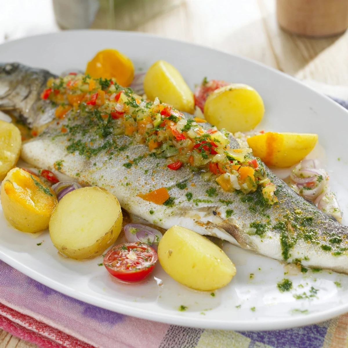 Golden-brown One-Tray Baked Trout, filled with herbs, ready to serve with roasted vegetables.