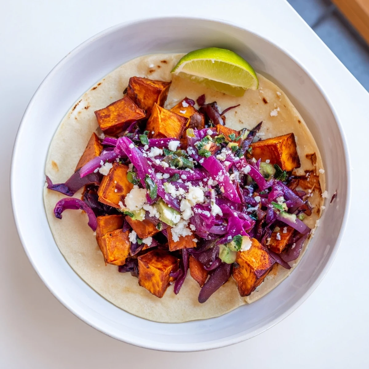Golden-brown Quick Sweet Potato and Black Bean Tacos, bursting with colorful toppings and fresh lime wedges.