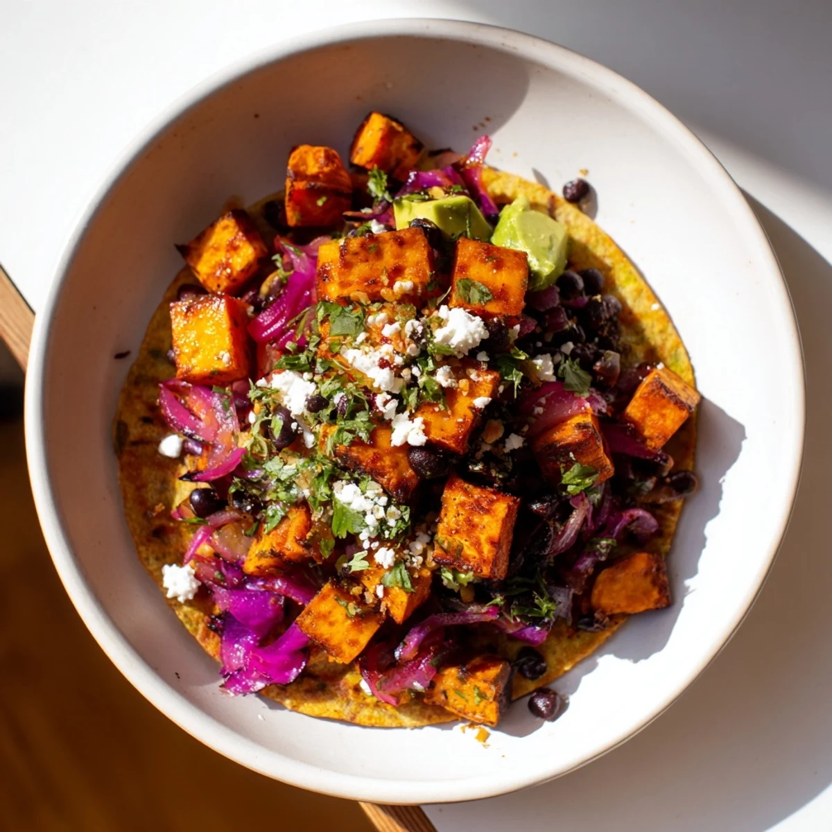 A close-up shot of delicious, vegetarian Quick Sweet Potato and Black Bean Tacos with fresh cilantro and creamy avocado slices.
