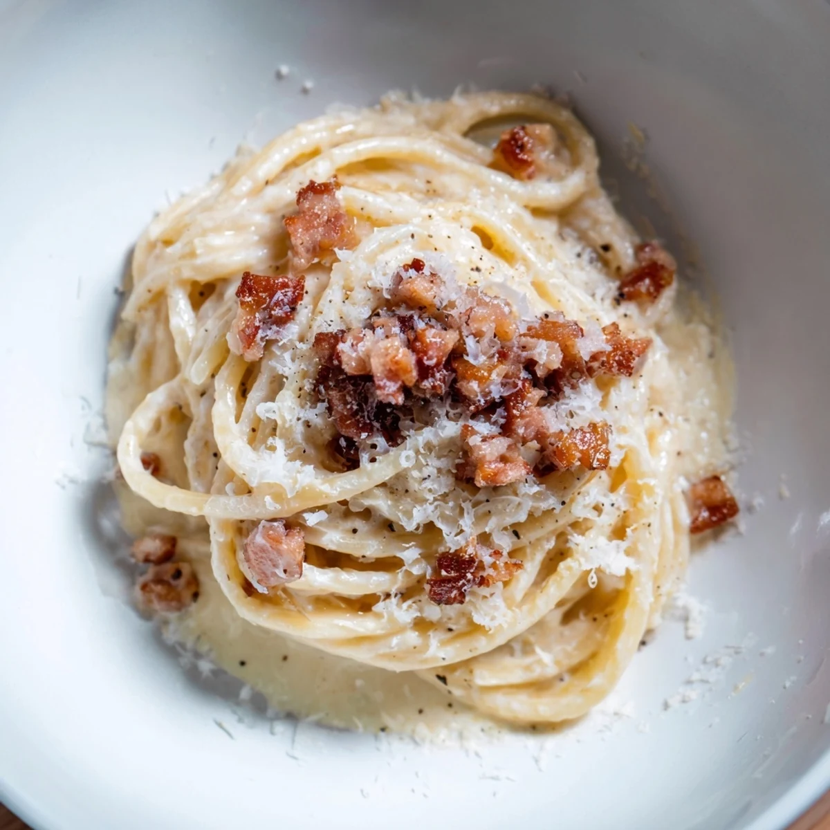 A steaming bowl of The Best 15-Minute Creamy Carbonara, glistening with rich, Parmesan sauce.