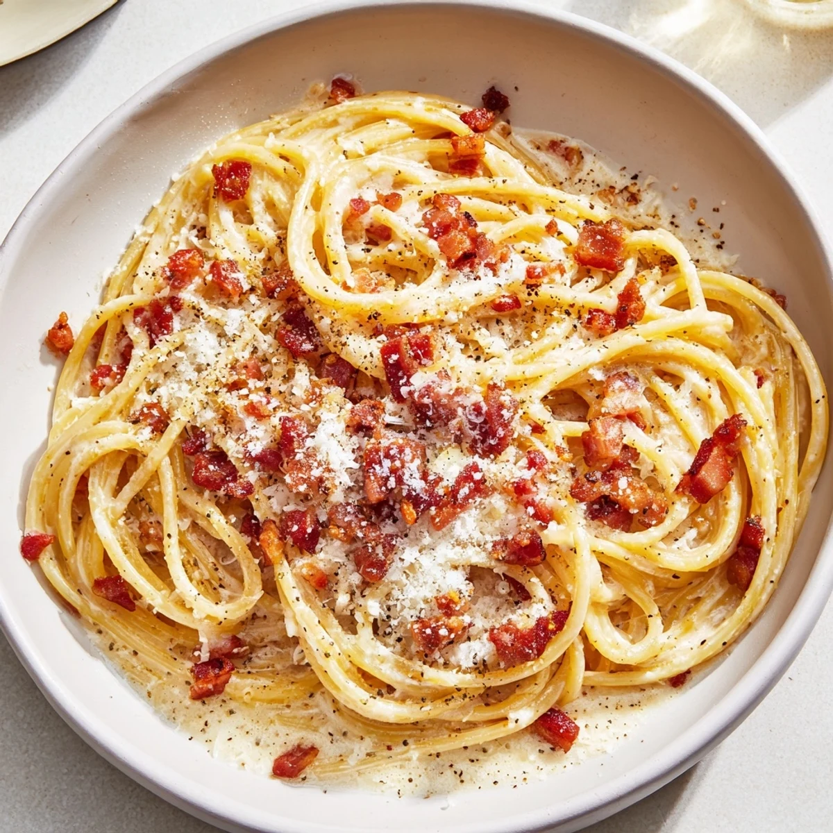 Golden pasta coated in creamy sauce, enhanced with crispy pancetta for this easy 15-minute carbonara.