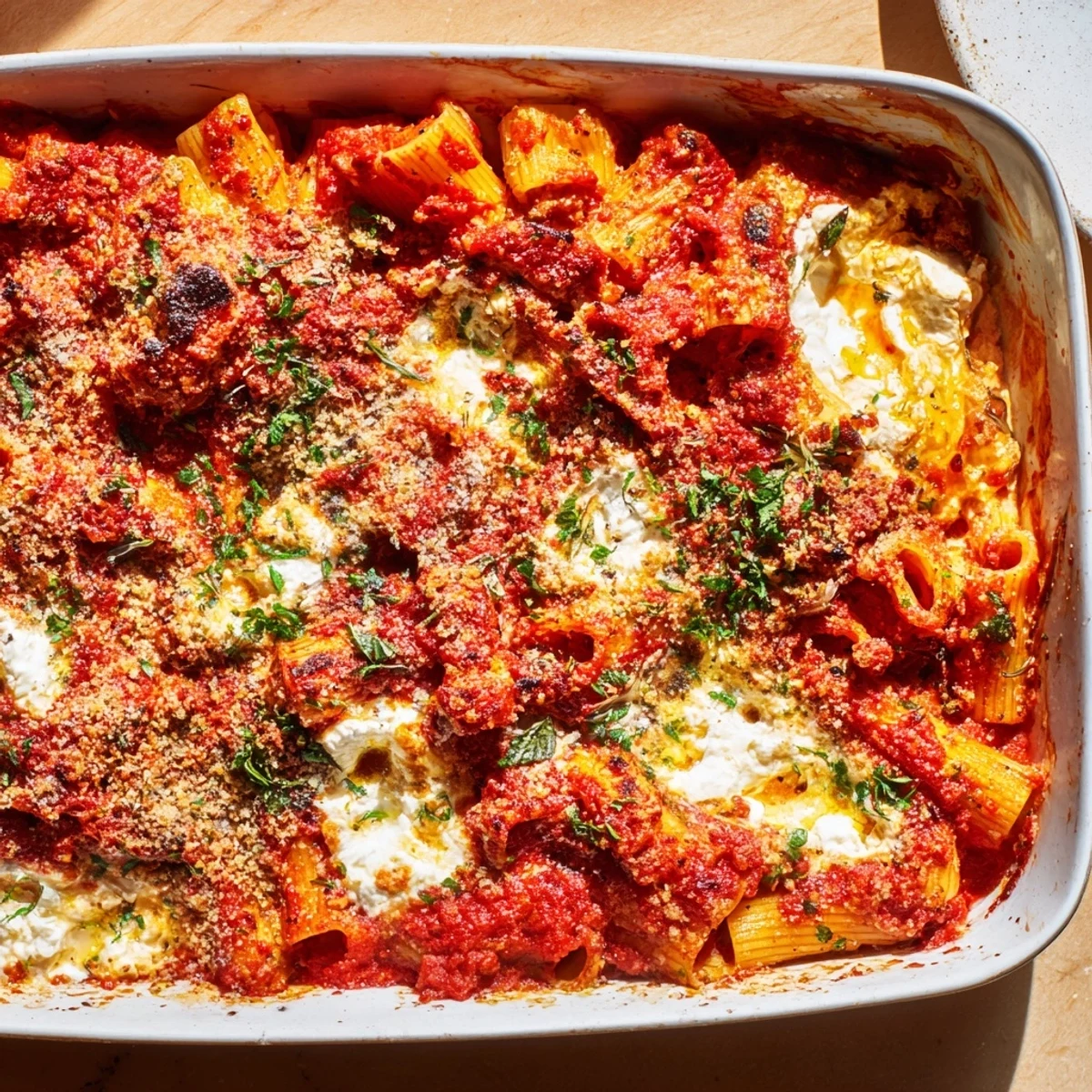 Golden, bubbly One-Dish Baked Ziti with Three Cheeses, oozing mozzarella and Parmesan under a tomato sauce.