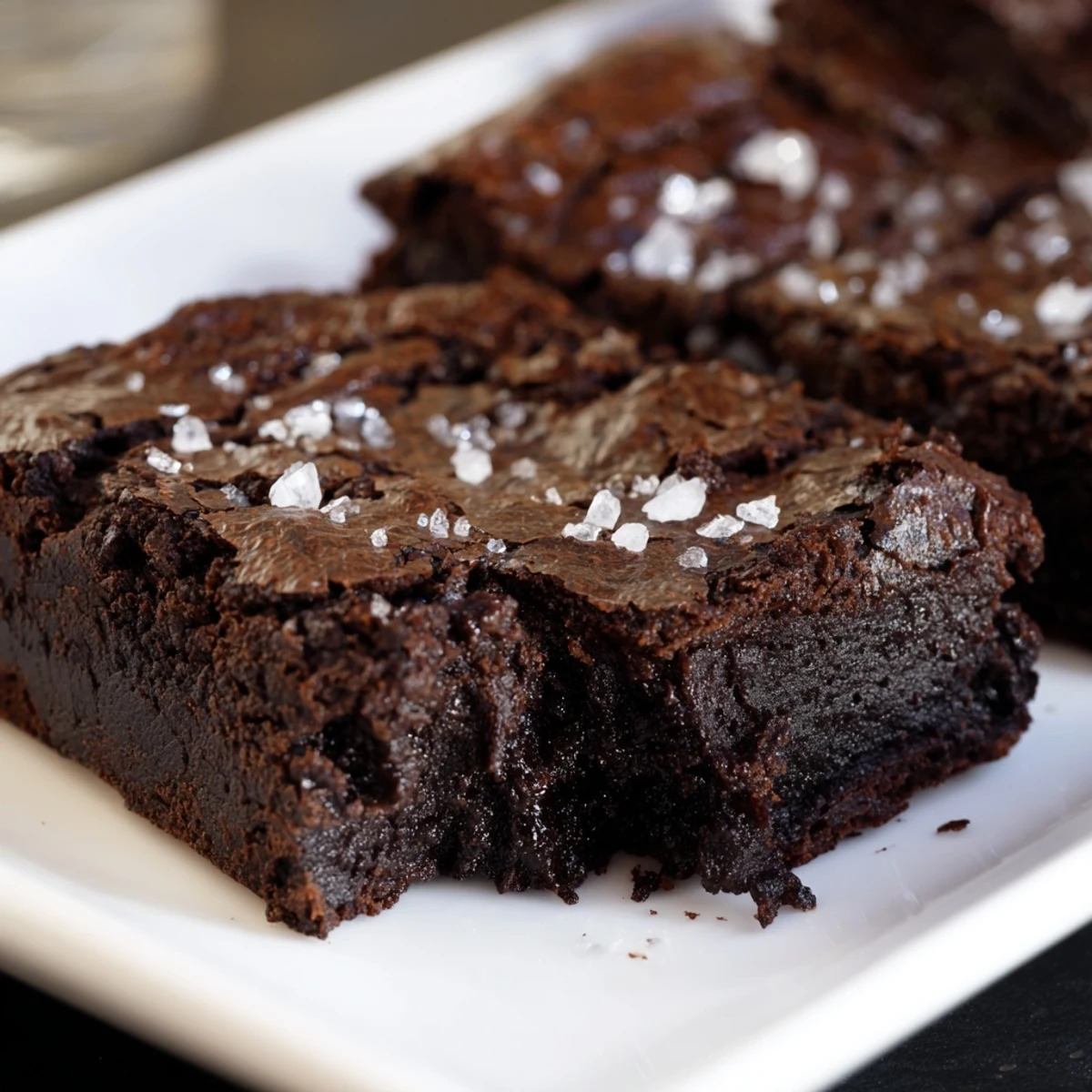 Fudgy homemade dark chocolate and sea salt brownies, topped with flaky salt, ready to be cut.