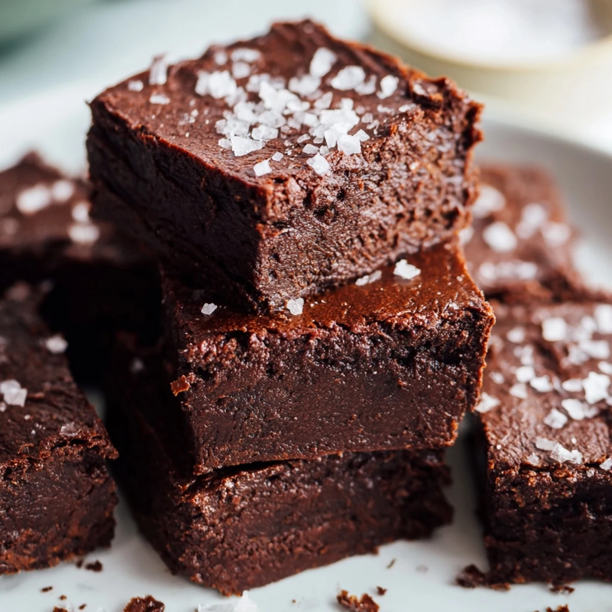 Close-up shot shows rich, dark homemade brownies with sea salt; a decadent American dessert.