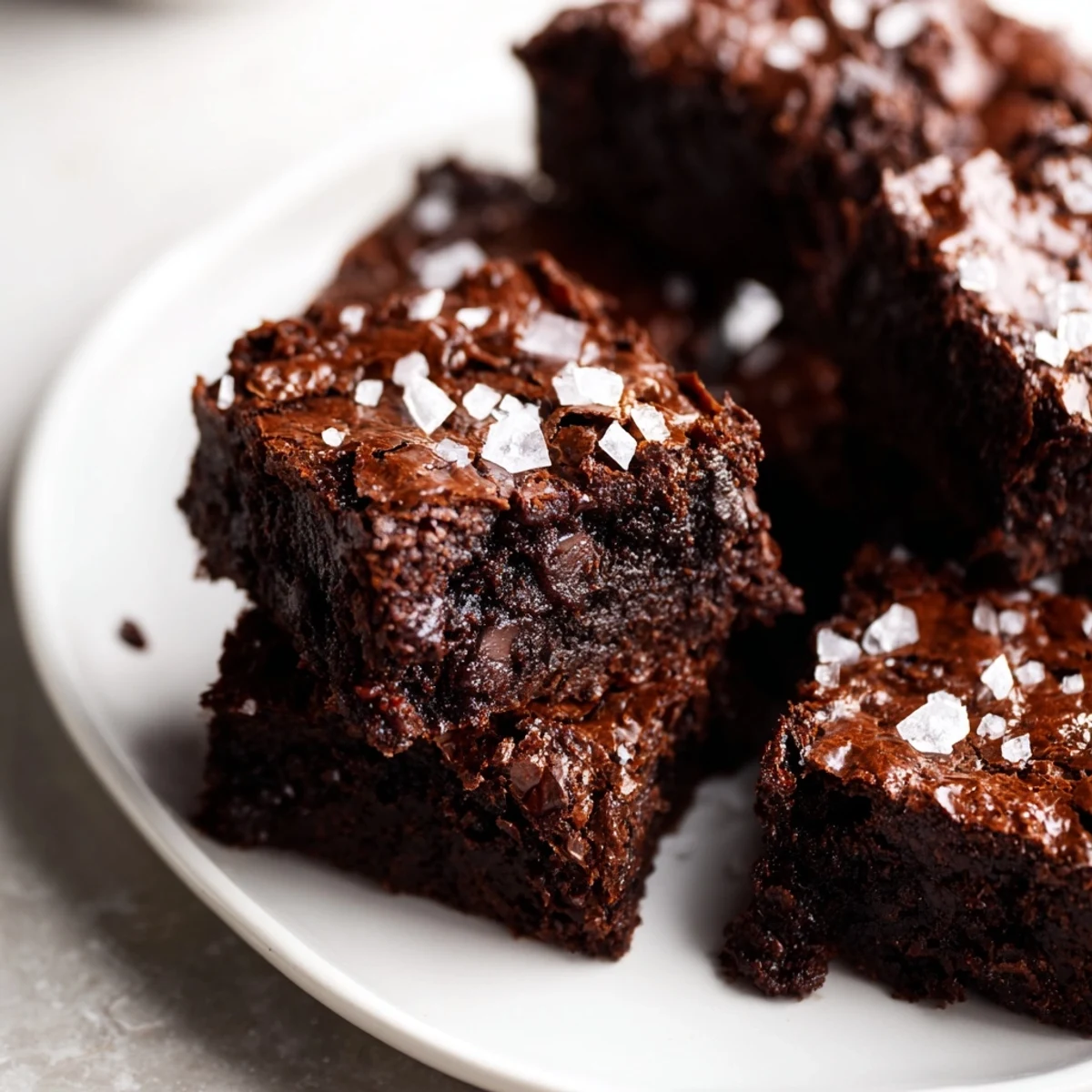 Perfectly baked dark chocolate and sea salt brownies, boasting a crackly top and moist interior.