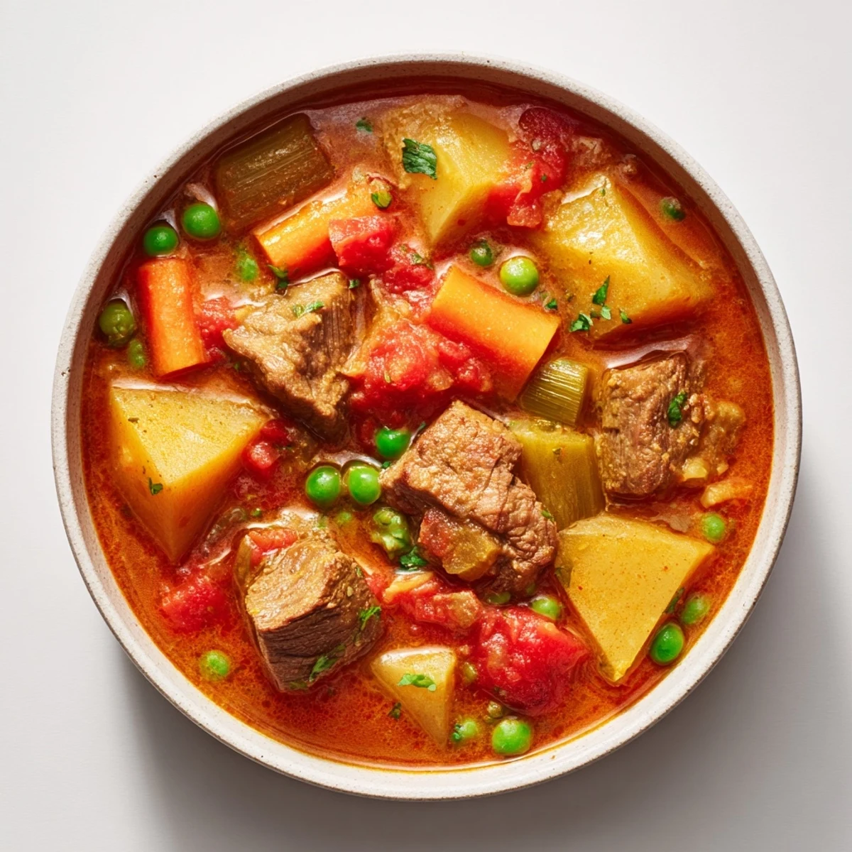 A steaming bowl of One-Pot Hearty Beef and Barley Soup with chunks of tender beef and vegetables.