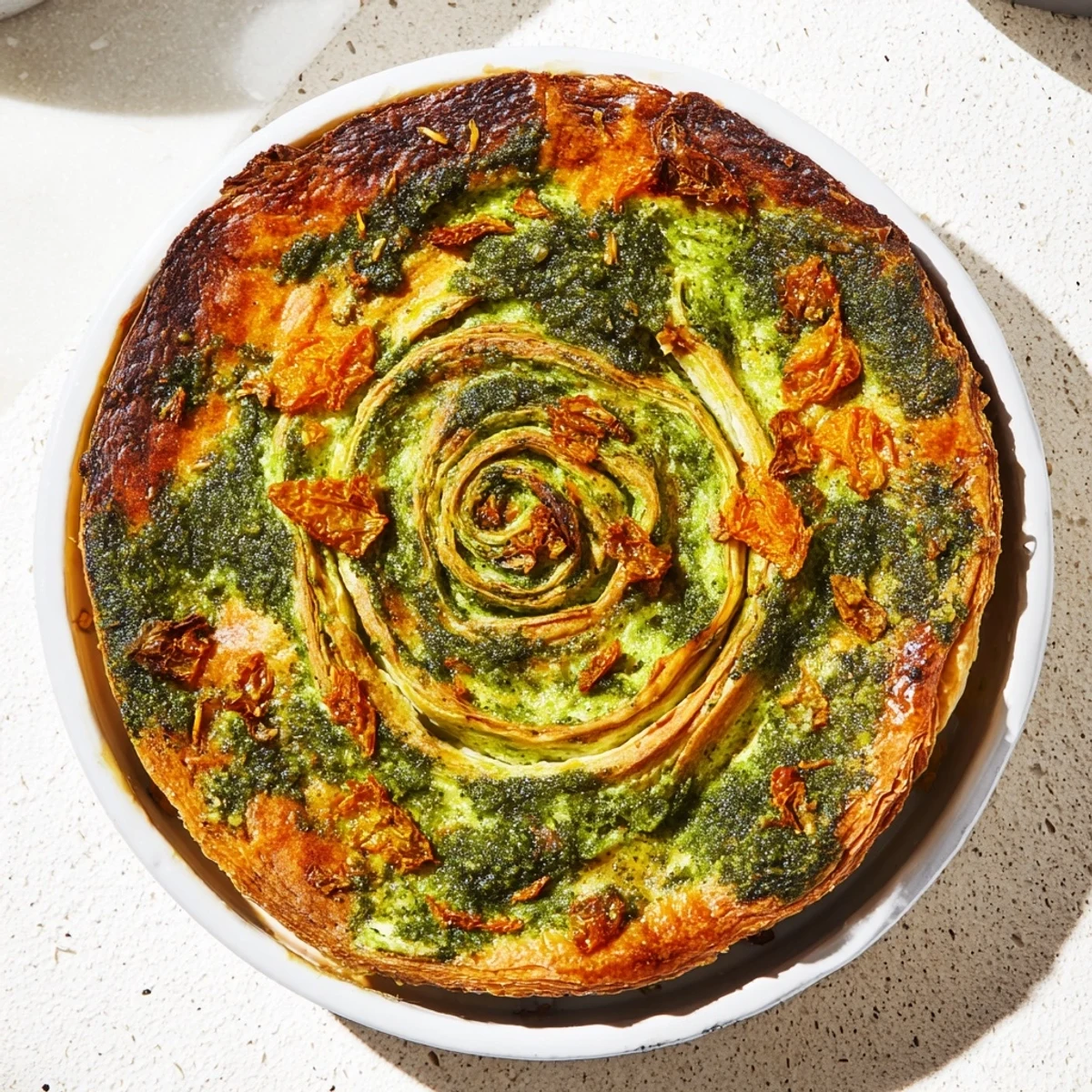 Appetizing close-up shot of baked Savory Sun-Dried Tomato and Pesto Palmiers, ready to serve and enjoy.