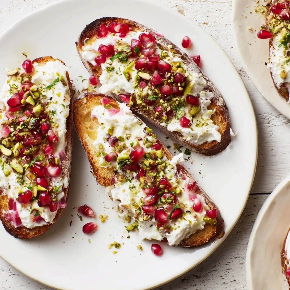 Golden, toasted Festive Pomegranate and Goat Cheese Crostini topped with vibrant red pomegranate and fresh herbs.