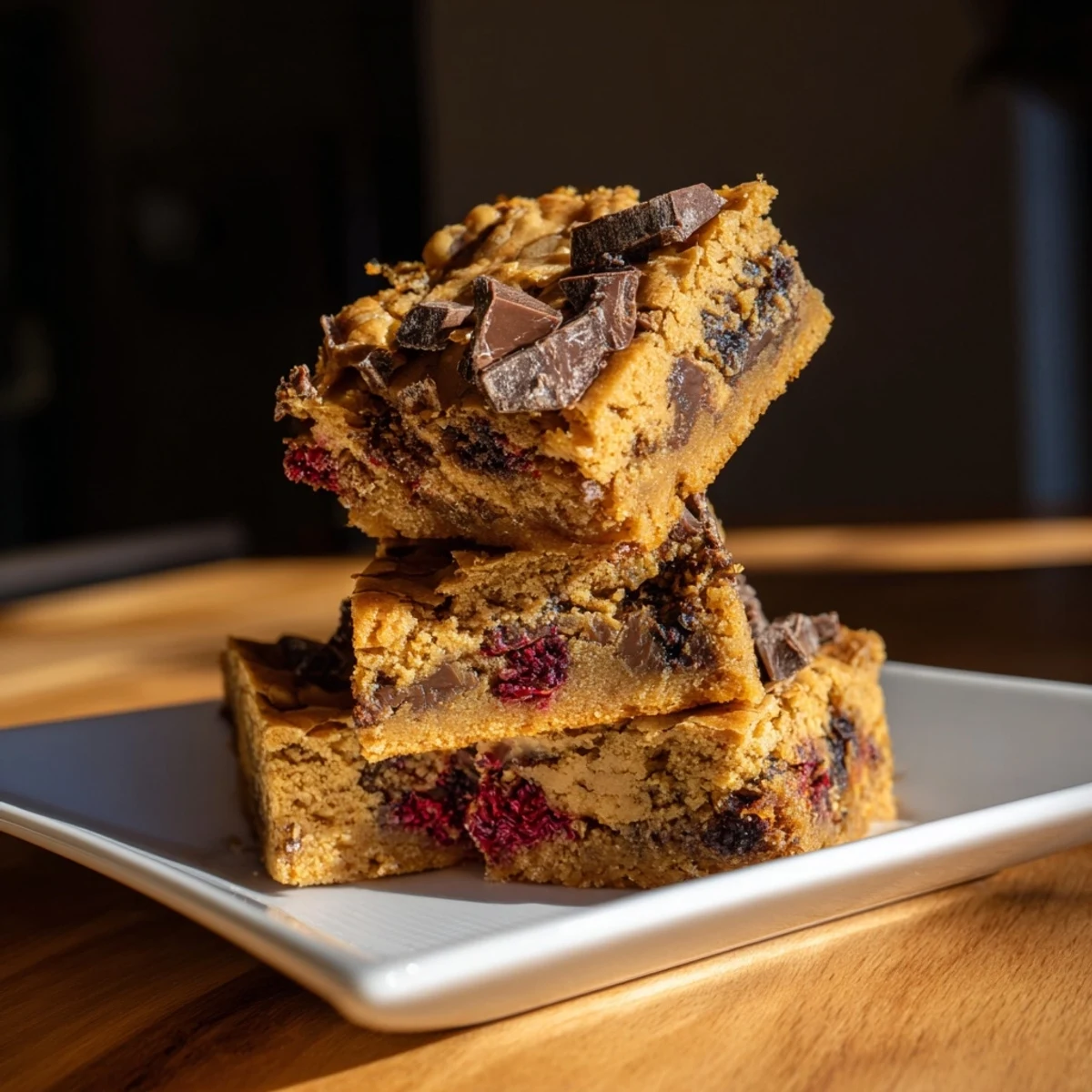 A close-up of Decadent White Chocolate and Raspberry Blondies shows glistening white chocolate and vibrant raspberries.