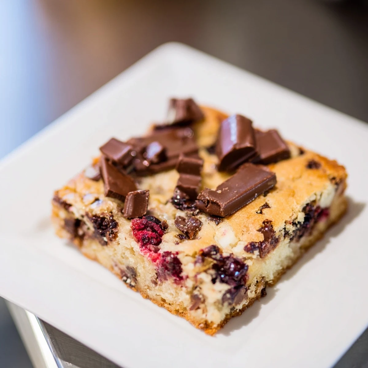 Warm golden-brown Decadent White Chocolate Raspberry Blondies, freshly baked with a chewy texture and sweet flavor.