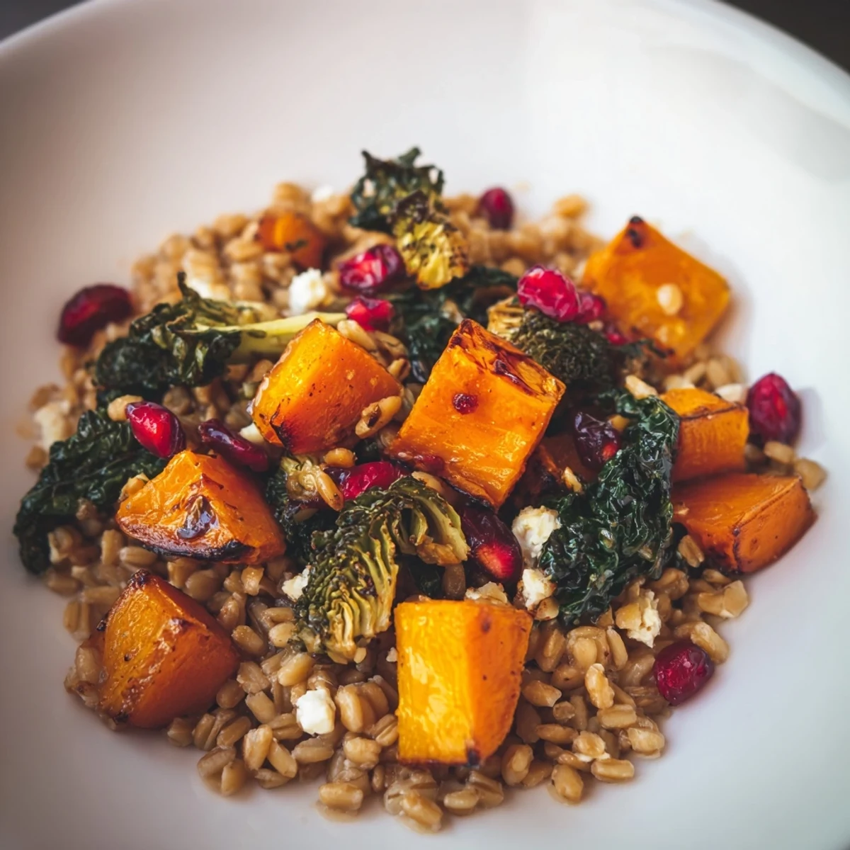 A comforting close-up: A bowl of Harvest Grain Bowl features colorful roasted pumpkin pieces and kale.
