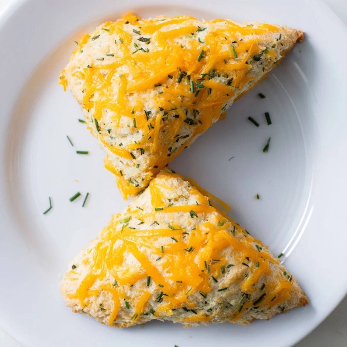 Golden cheddar and chive scones, warm from the oven, with a golden, flaky crust and cheesy aroma.