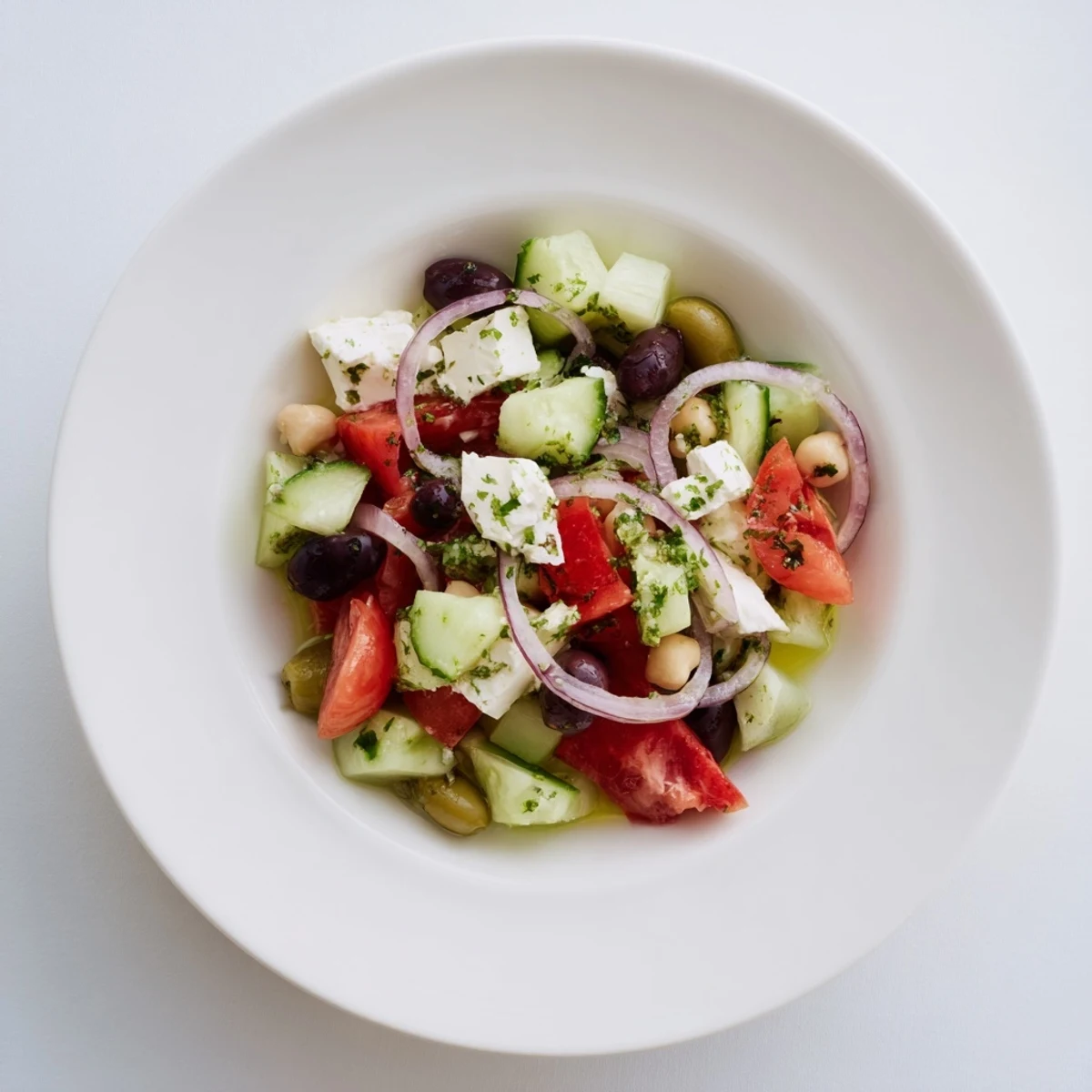 A bright Fresh Mediterranean Salad with chickpeas, olives, and colorful, diced vegetables fills the bowl.