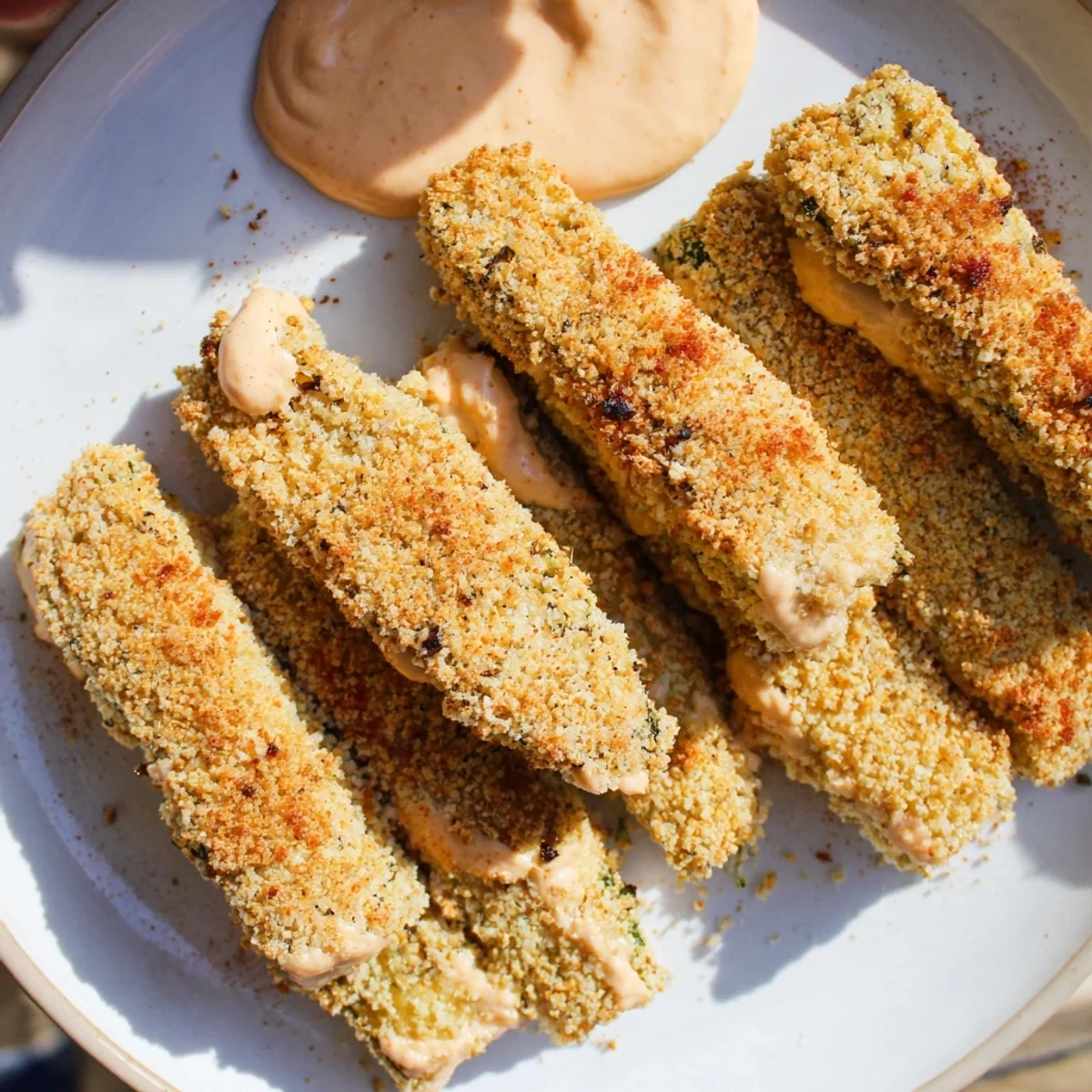Golden-brown, crispy baked zucchini rounds on a baking sheet, ready to be enjoyed with spicy mayo.
