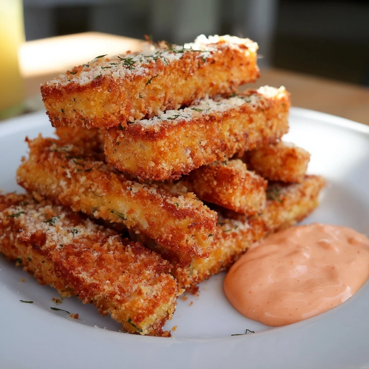 Close-up of perfectly crispy baked zucchini rounds, a delicious vegetarian appetizer served with dipping sauce.