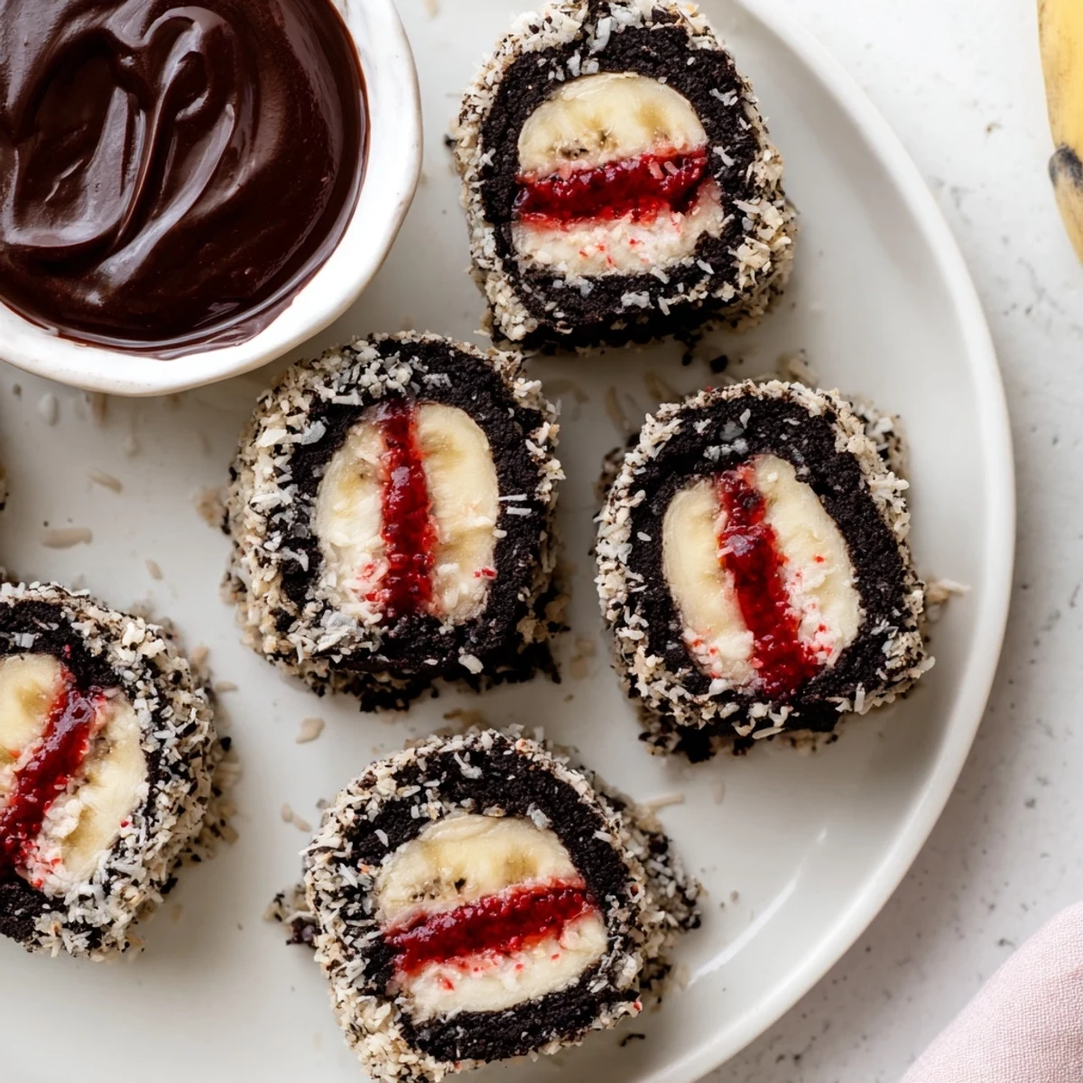 Oreo Cookie Sushi Rolls with chocolate dip, arranged for serving, showcasing the dessert's delicious appearance.