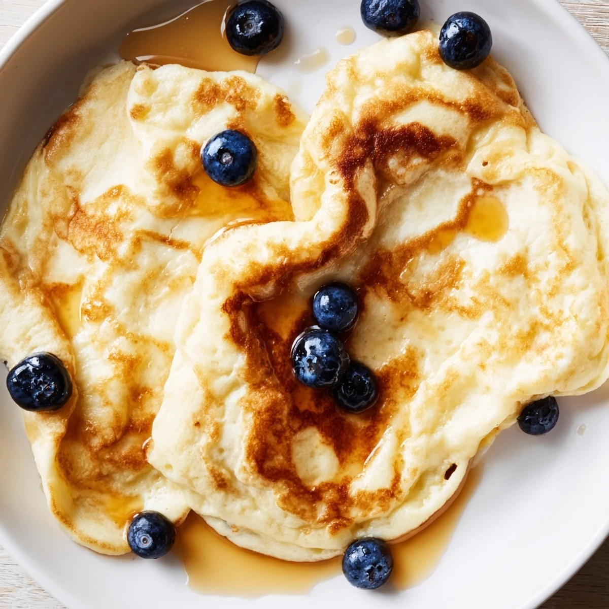 A close-up of delicious, one-bowl fluffy scrambled pancakes with blueberries, served warm.