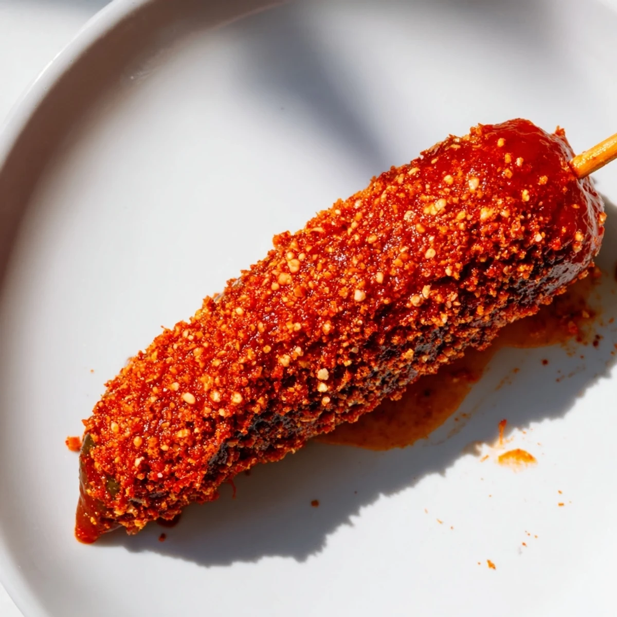 Chamoy-Tajín pickle sticks gleam, coated in vibrant chamoy and zesty Tajín seasoning, perfect for snacking.