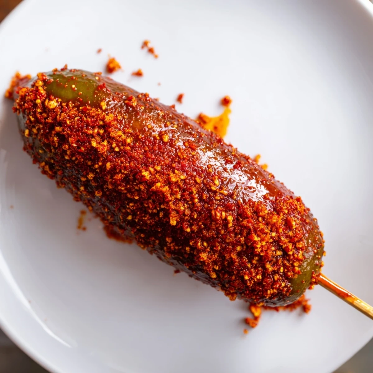 Bright red chamoy coats the pickles, then dusted with Tajín: a simple, craveable Chamoy-Tajín pickle stick snack.