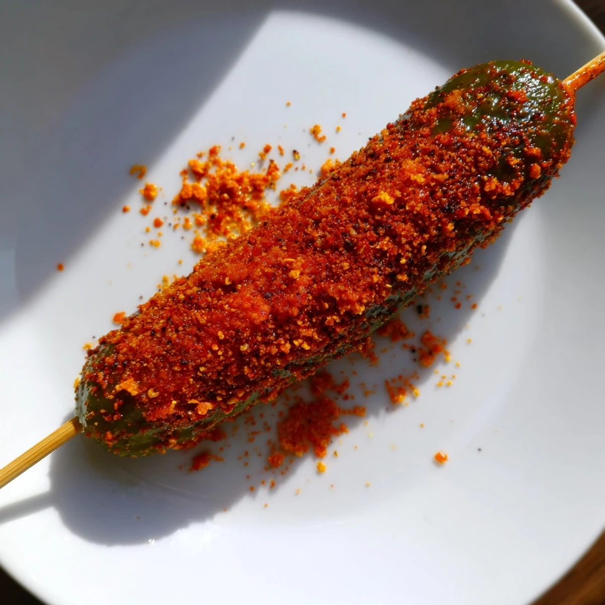 Crisp dill pickles transformed into Chamoy-Tajín pickle sticks, a sweet, spicy treat from Mexican street food.