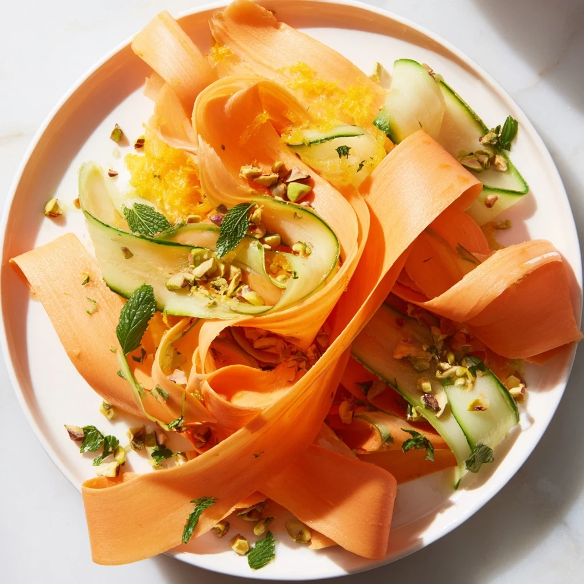 Freshly tossed Citrus Carrot Ribbon Salad, a refreshing vegetarian side with vibrant orange and lemon.