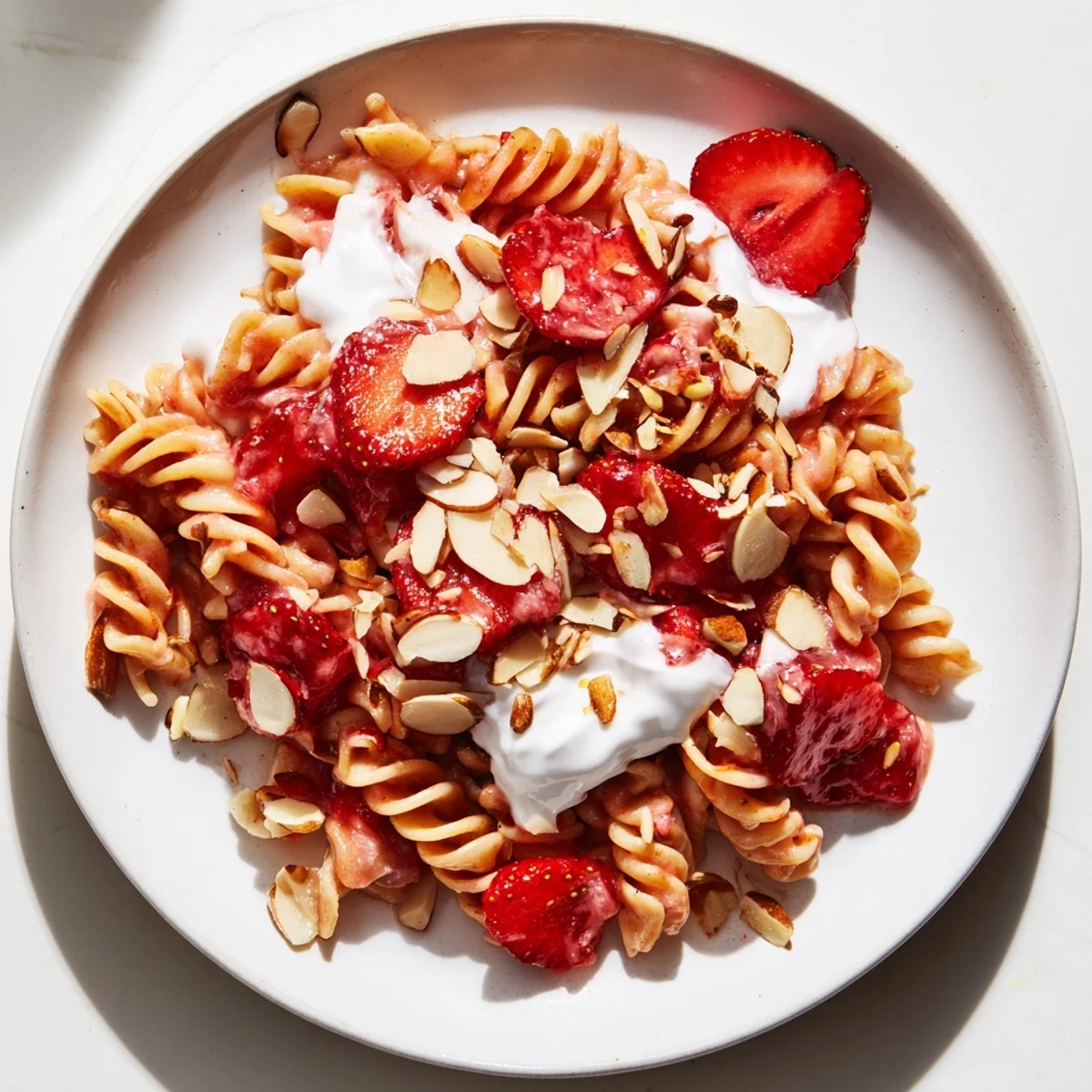 Sweet Strawberry Yogurt Pasta, a refreshing dessert pasta, topped with juicy strawberries and creamy yogurt.