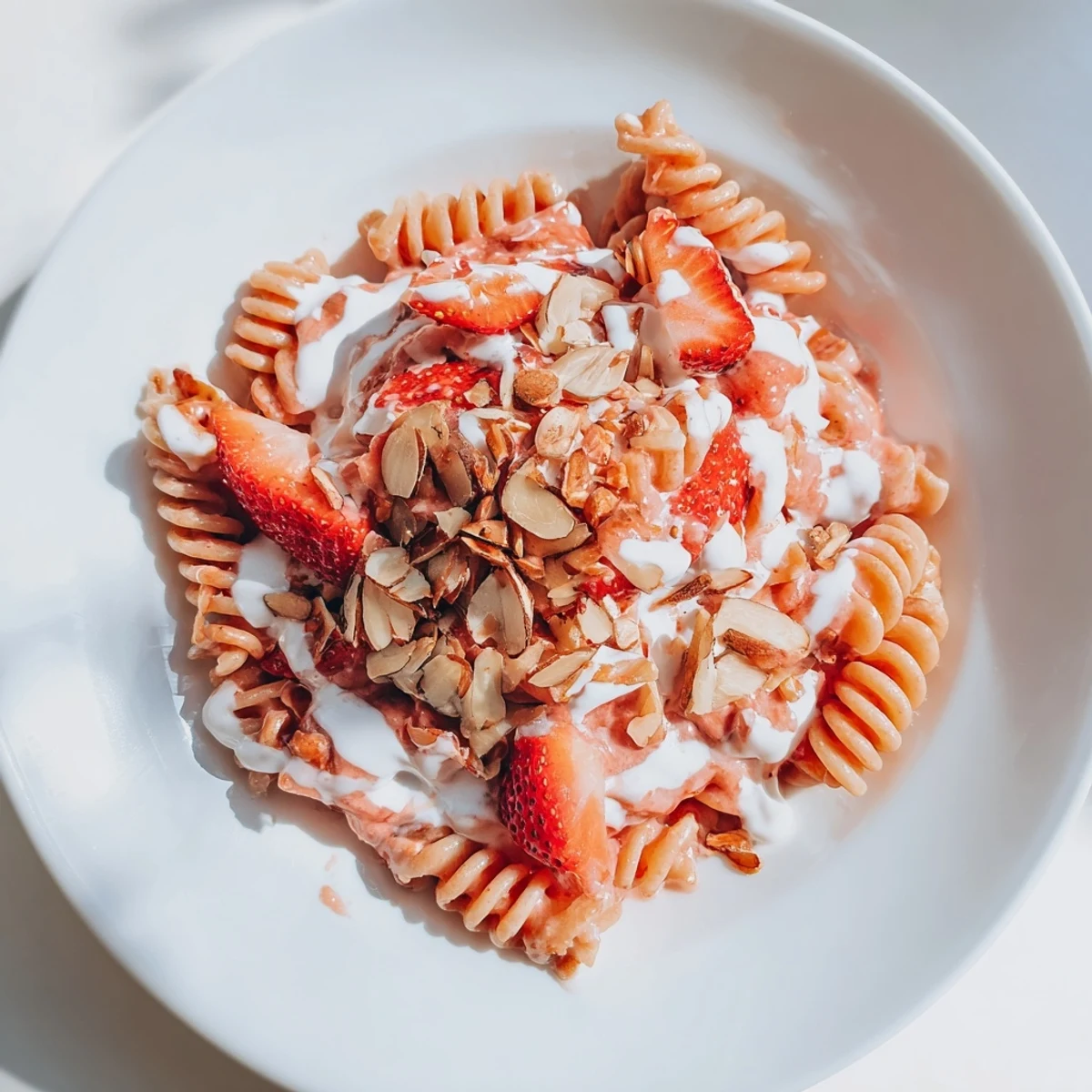 This photo shows a colorful serving of Sweet Strawberry Yogurt Pasta, ready to enjoy on a warm day.