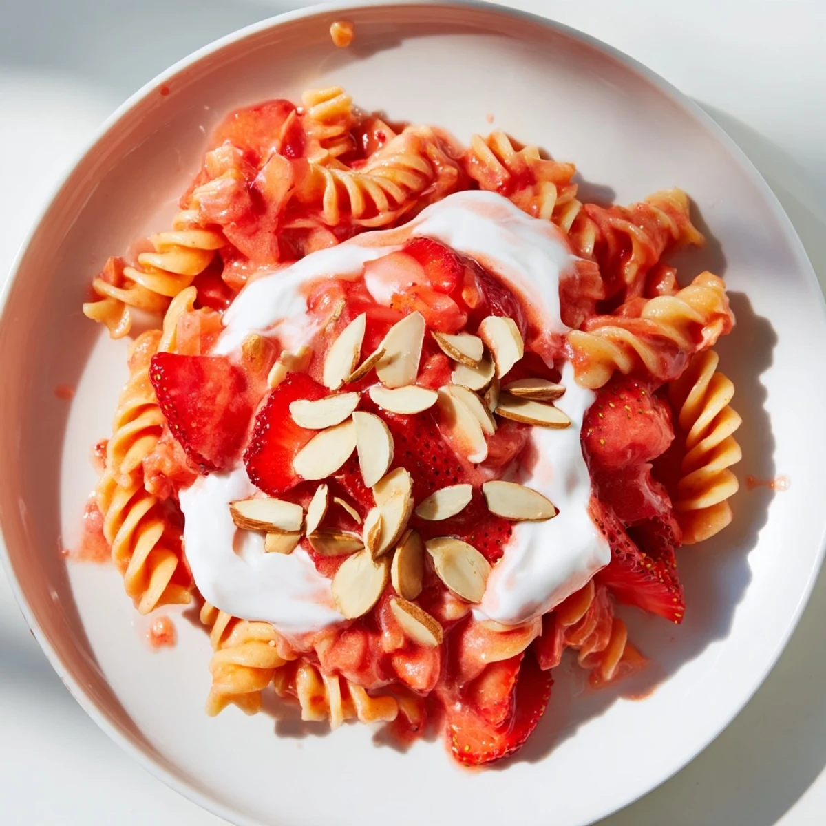 Homemade Sweet Strawberry Yogurt Pasta with fresh strawberries and almonds, a unique and tasty summer meal.