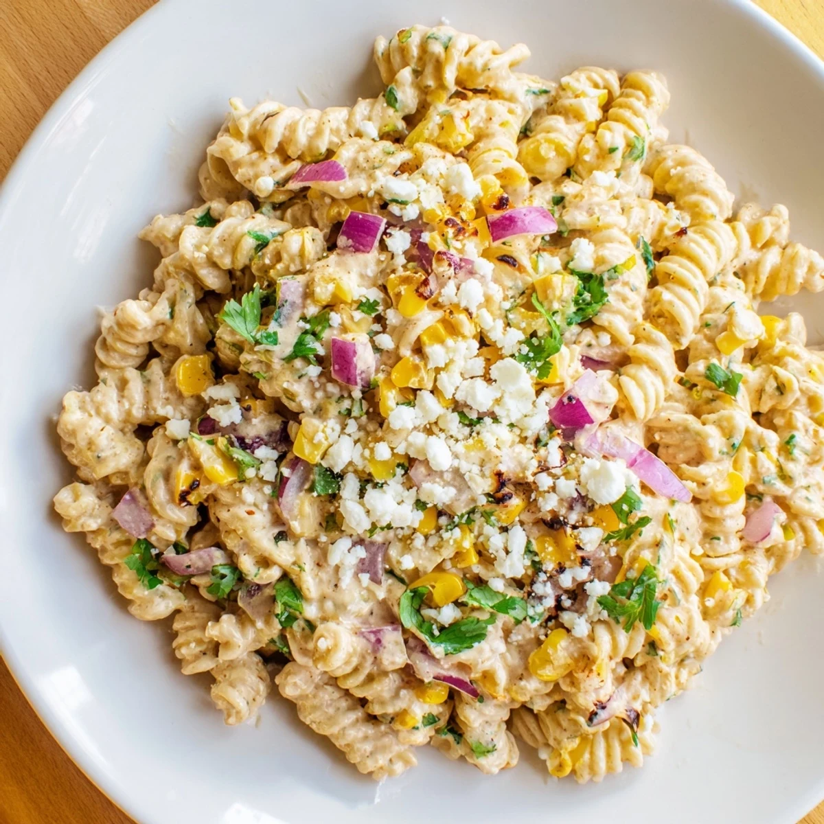 Creamy Street Corn Pasta Salad with charred corn kernels and fresh cilantro, a delicious summer side.