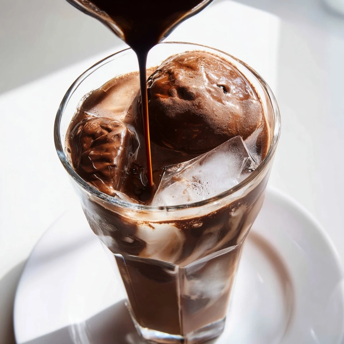 Chocolate Cracking Iced Latte, a layered visual treat, with a chocolate shell over cold milky coffee.