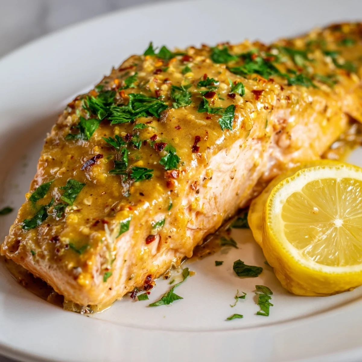Honey mustard salmon baked until tender, glistening under a golden, flavorful glaze, ready to serve.