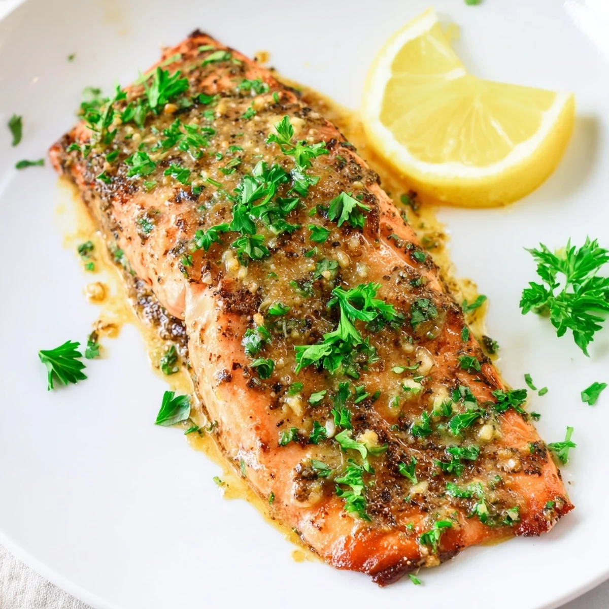 Oven-baked honey mustard salmon: a close-up shows flakes of salmon perfectly coated in tangy, sweet sauce.
