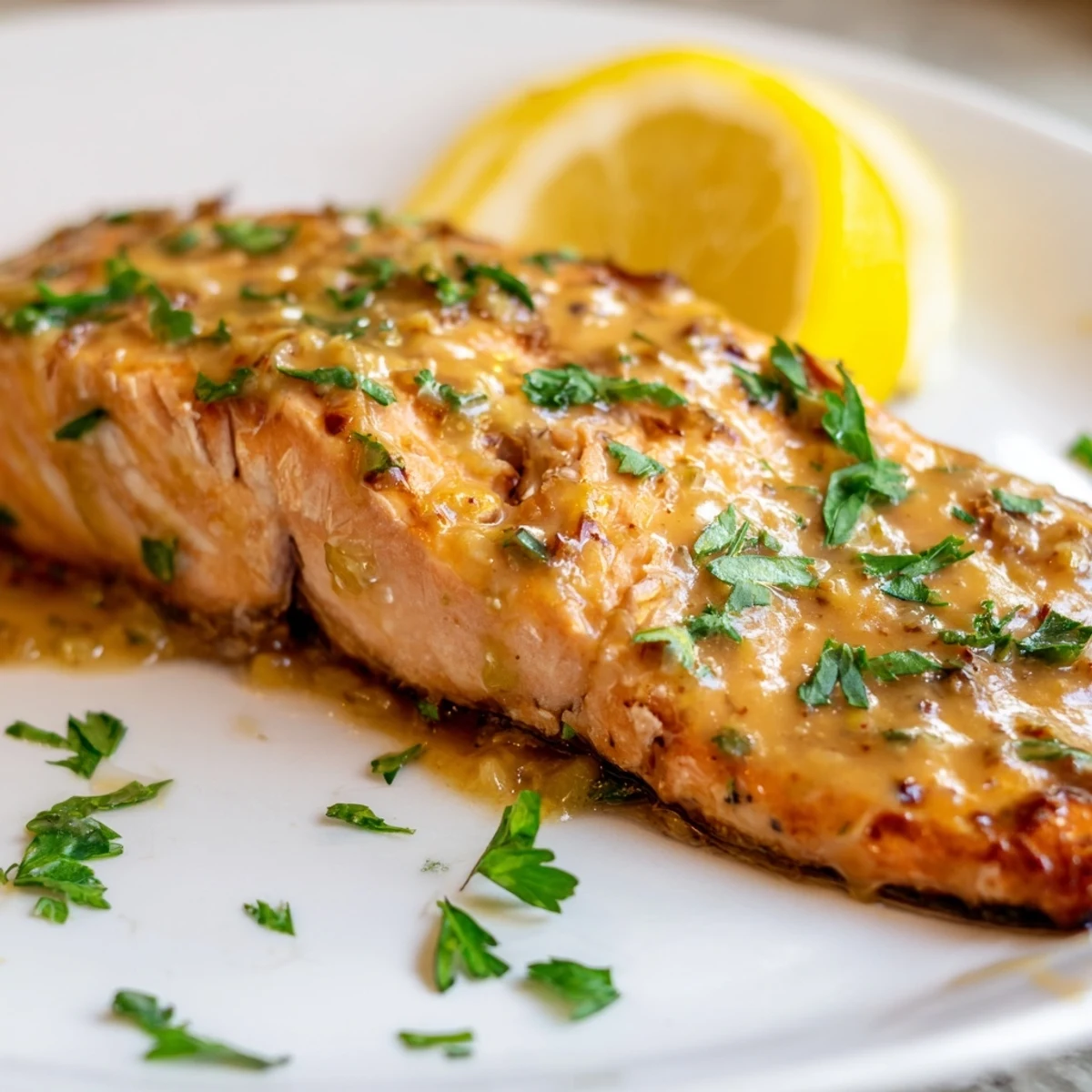 Warm colors display freshly garnished honey mustard salmon served with bright lemon wedges and parsley.