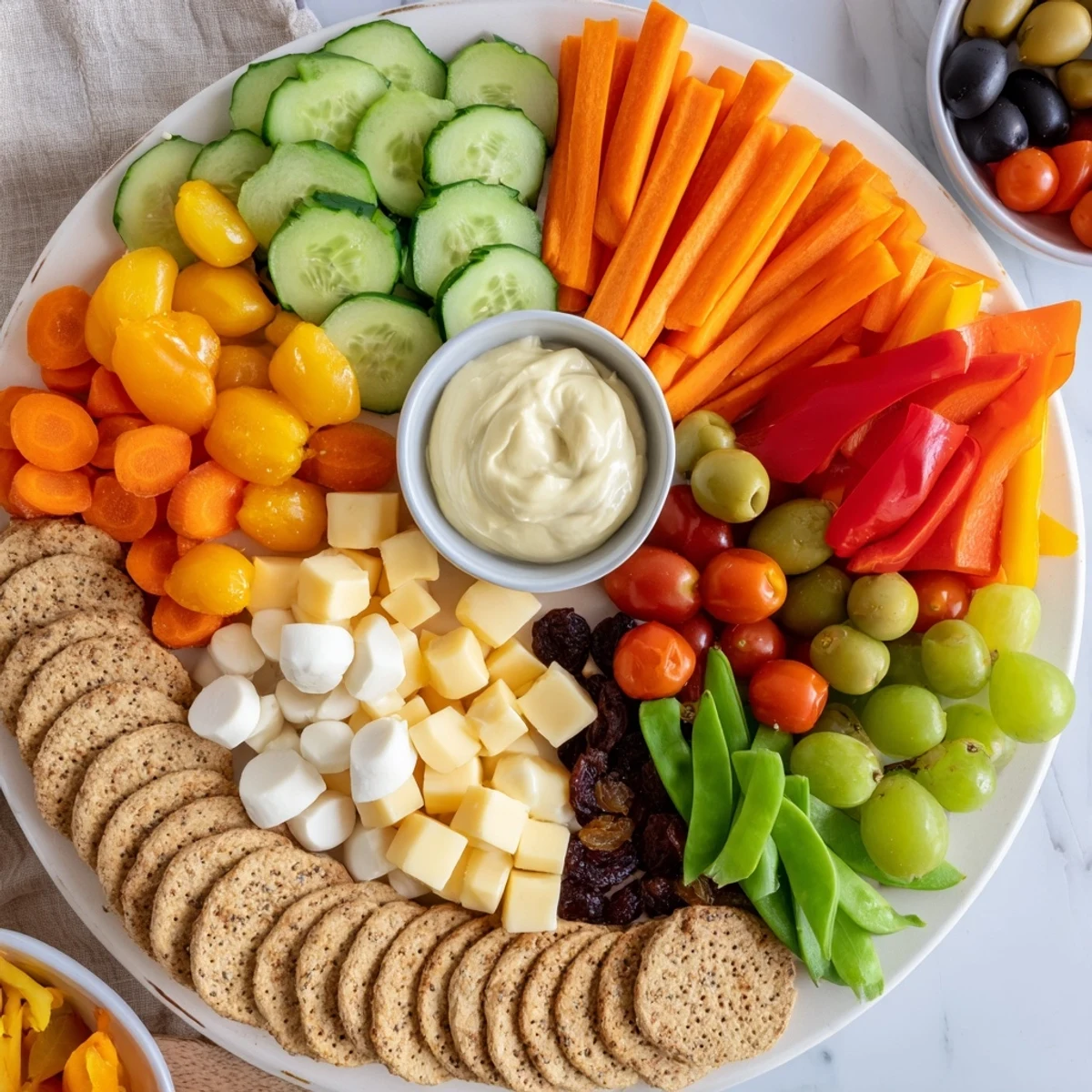 Colorful Veggie Snack Board – Adult Lunchable, a delicious assortment of fresh veggies, cheese, and dips.