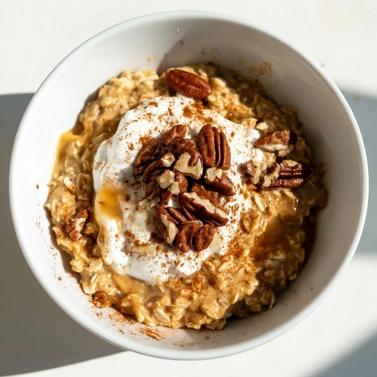 Warm, spiced Pumpkin Spice Latte Oats, steaming and topped with creamy Greek yogurt and pecans.