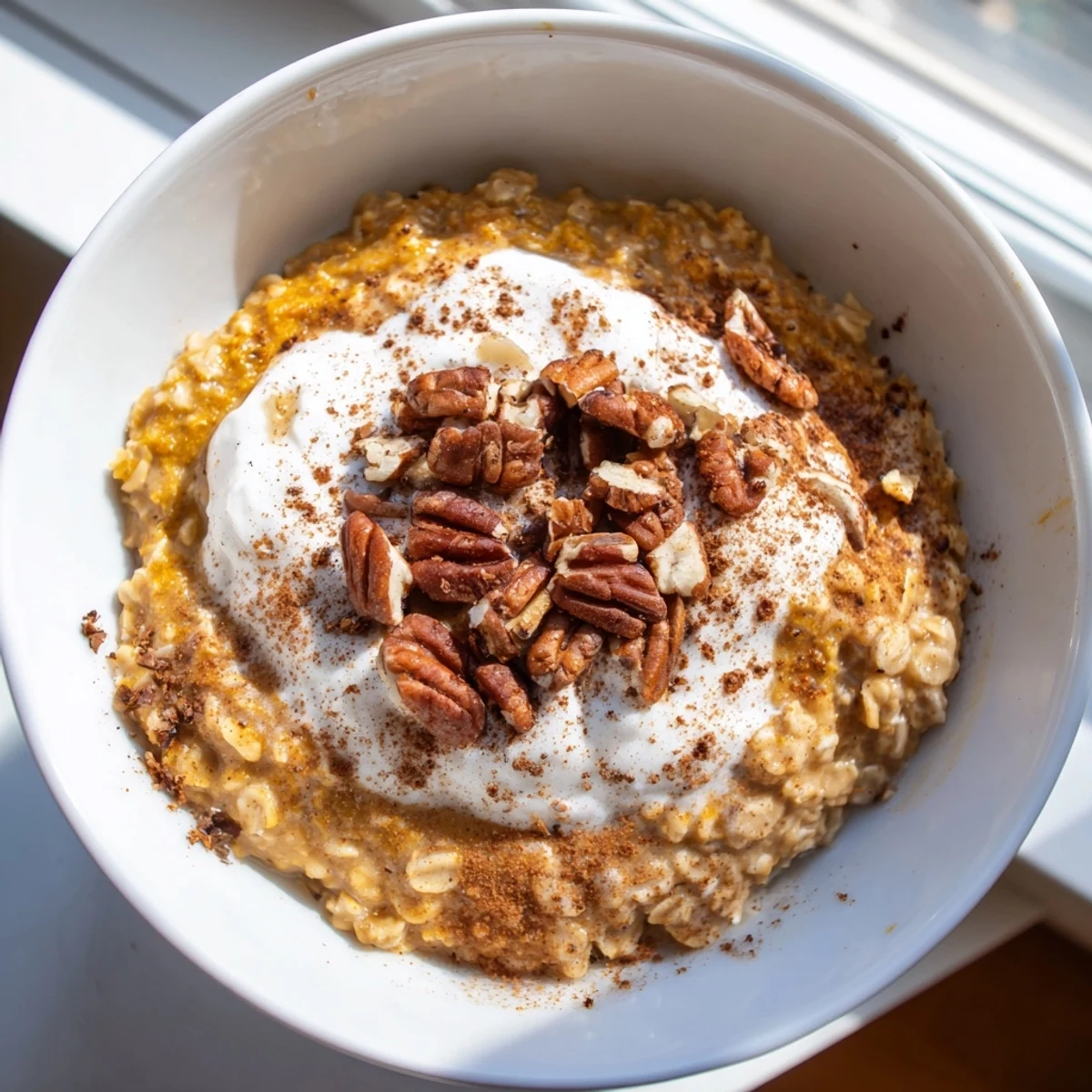 A delicious bowl of Pumpkin Spice Latte Oats, ready to be enjoyed with a cinnamon-maple swirl.
