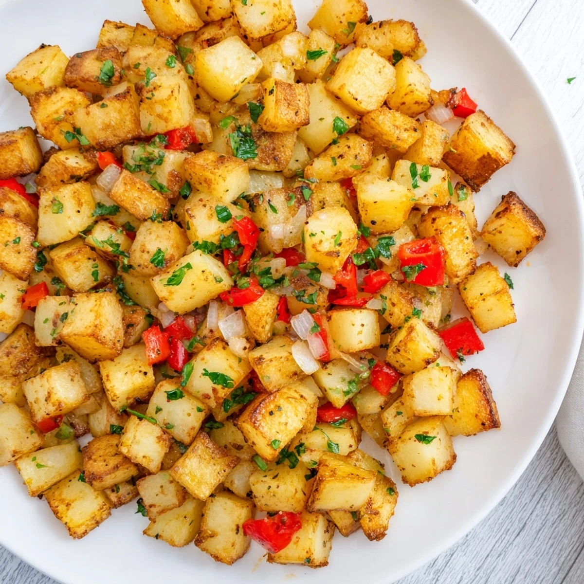 Golden-brown air fryer breakfast potatoes, crispy and perfectly seasoned, ready for a delicious brunch.