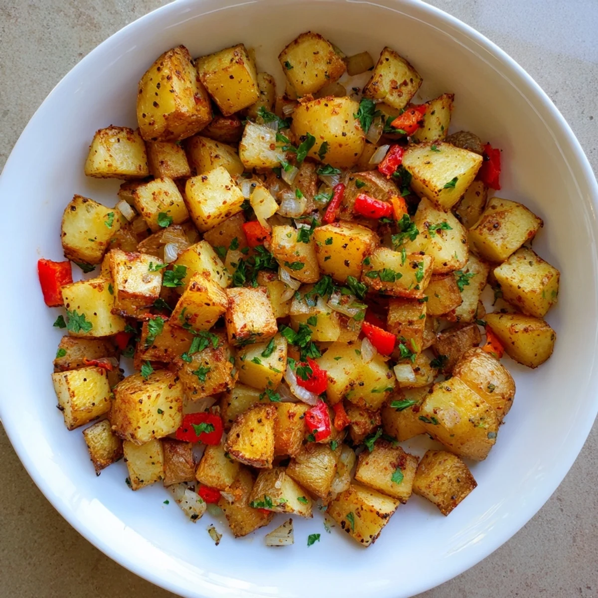 A beautiful close-up of diner-style air fryer breakfast potatoes, hot and garnished with fresh parsley.