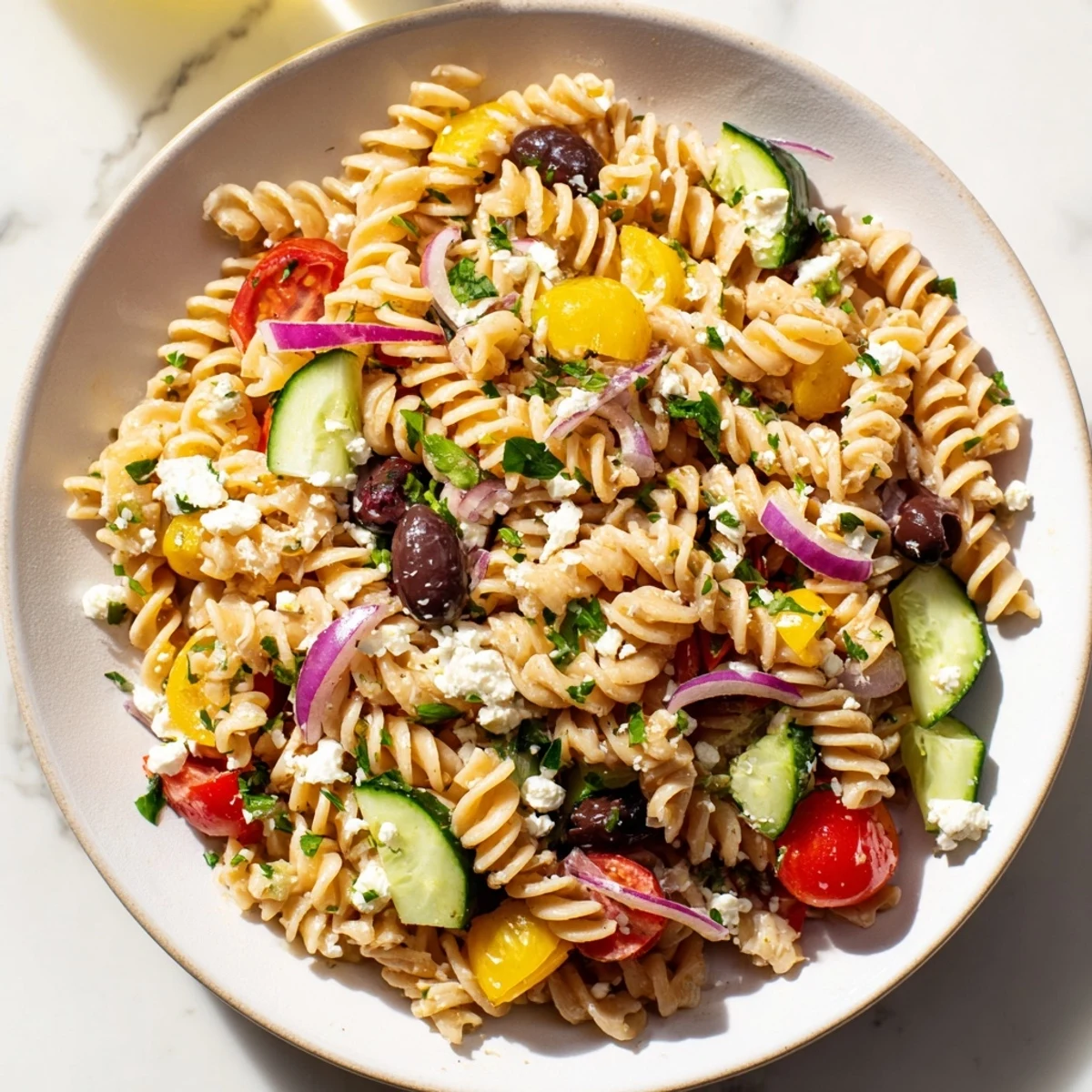 Zesty lemon pasta salad with fresh herbs and colorful vegetables, perfect for a summer lunch.