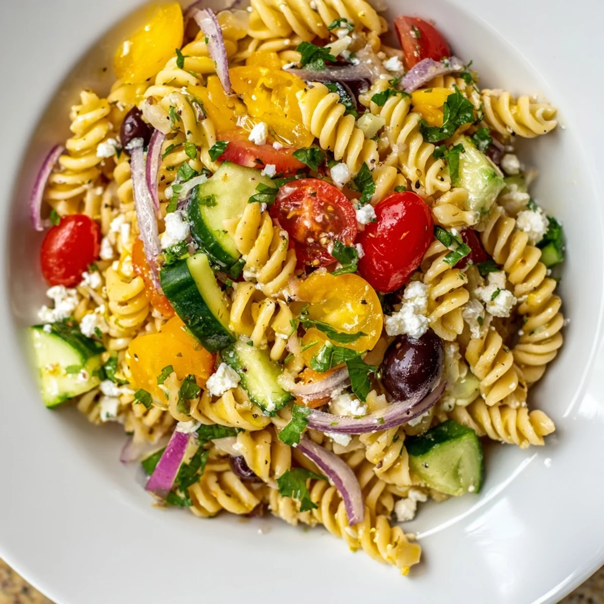 Close-up of a vibrant lemon pasta salad, ready to serve at a picnic, looking delicious.