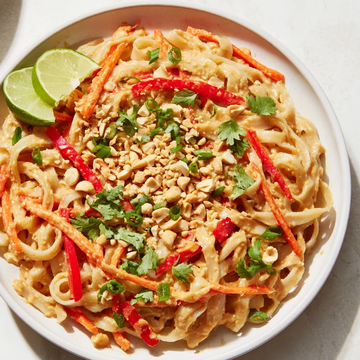 Steaming bowl of spicy peanut noodles, garnished with cilantro and peanuts, ready to enjoy.