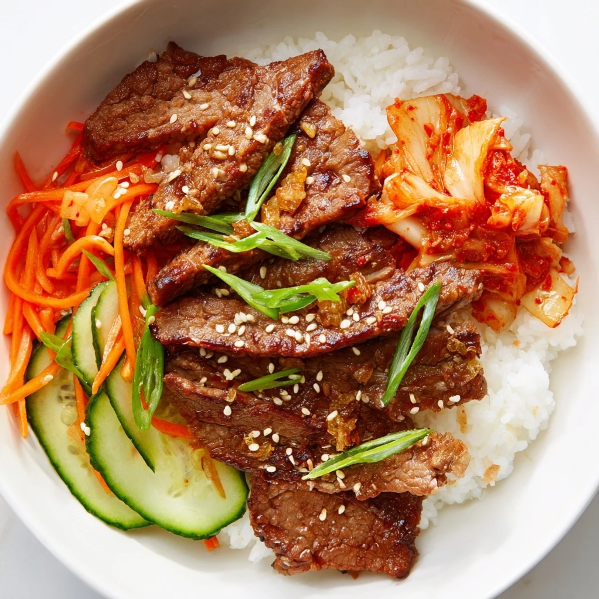 A steaming Bulgogi Beef Bowl: tender marinated beef atop fluffy rice, garnished with fresh veggies.