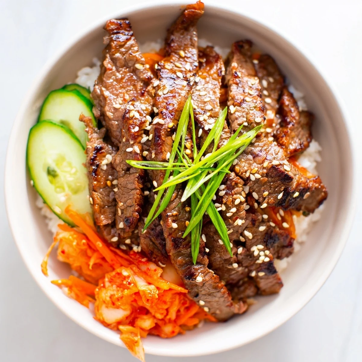 Savory Bulgogi Beef Bowl: perfectly cooked beef with colorful vegetables, a delicious Korean meal.