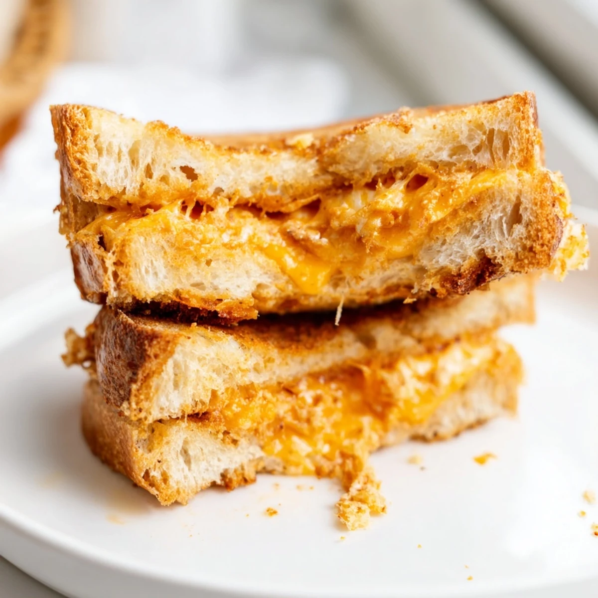 Golden, melted cheese oozing from a Honey Chipotle Butter Grilled Cheese on a warm plate.
